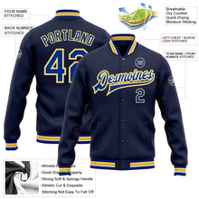 Charger l&#39;image dans la galerie, Custom Navy Royal-Yellow Bomber Full-Snap Varsity Letterman Jacket
