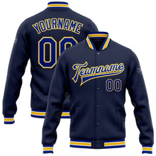 Charger l&#39;image dans la galerie, Custom Navy Royal-Yellow Bomber Full-Snap Varsity Letterman Jacket
