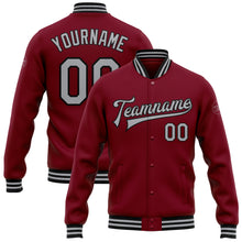 Load image into Gallery viewer, Custom Crimson Gray-Black Bomber Full-Snap Varsity Letterman Jacket
