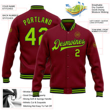 Laden Sie das Bild in den Galerie-Viewer, Custom Crimson Neon Green-Black Bomber Full-Snap Varsity Letterman Jacket
