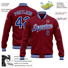 Load image into Gallery viewer, Custom Crimson Royal-White Bomber Full-Snap Varsity Letterman Jacket
