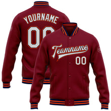 Load image into Gallery viewer, Custom Crimson White Navy-Orange Bomber Full-Snap Varsity Letterman Jacket
