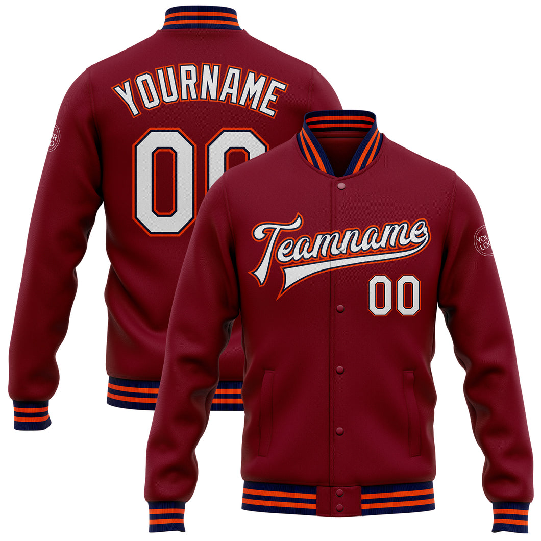 Custom Crimson White Navy-Orange Bomber Full-Snap Varsity Letterman Jacket