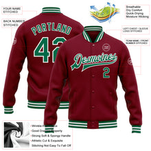 Load image into Gallery viewer, Custom Crimson Kelly Green-White Bomber Full-Snap Varsity Letterman Jacket
