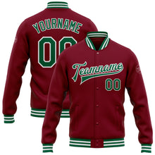 Load image into Gallery viewer, Custom Crimson Kelly Green-White Bomber Full-Snap Varsity Letterman Jacket
