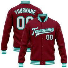 Laden Sie das Bild in den Galerie-Viewer, Custom Crimson White-Aqua Bomber Full-Snap Varsity Letterman Jacket
