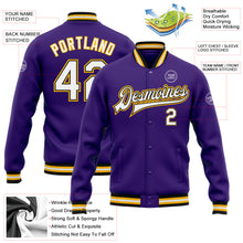 Загрузить изображение в средство просмотра галереи, Custom Purple White Black-Gold Bomber Full-Snap Varsity Letterman Jacket
