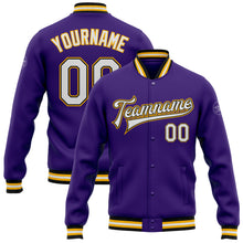 Загрузить изображение в средство просмотра галереи, Custom Purple White Black-Gold Bomber Full-Snap Varsity Letterman Jacket
