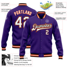 Laden Sie das Bild in den Galerie-Viewer, Custom Purple White Black-Orange Bomber Full-Snap Varsity Letterman Jacket
