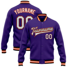 Laden Sie das Bild in den Galerie-Viewer, Custom Purple White Black-Orange Bomber Full-Snap Varsity Letterman Jacket
