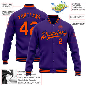 Custom Purple Orange-Navy Bomber Full-Snap Varsity Letterman Jacket