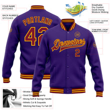 Load image into Gallery viewer, Custom Purple Crimson-Gold Bomber Full-Snap Varsity Letterman Jacket
