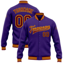 Load image into Gallery viewer, Custom Purple Crimson-Gold Bomber Full-Snap Varsity Letterman Jacket
