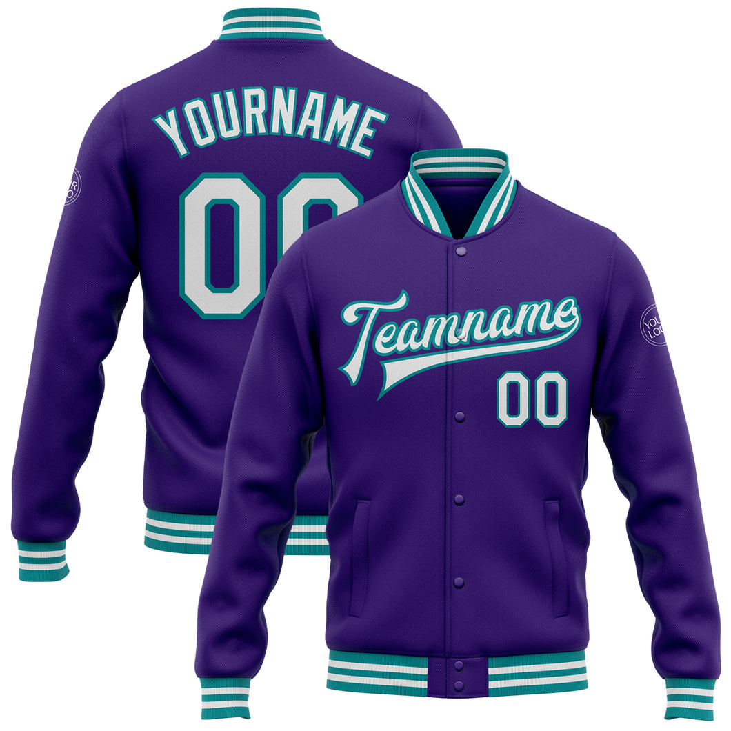 Custom Purple White-Teal Bomber Full-Snap Varsity Letterman Jacket