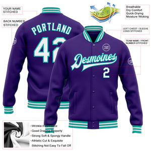 Custom Purple White-Aqua Bomber Full-Snap Varsity Letterman Jacket