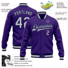 Laden Sie das Bild in den Galerie-Viewer, Custom Purple Gray-Navy Bomber Full-Snap Varsity Letterman Jacket
