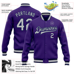 Custom Purple Gray-Navy Bomber Full-Snap Varsity Letterman Jacket