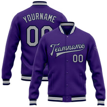 Load image into Gallery viewer, Custom Purple Gray-Navy Bomber Full-Snap Varsity Letterman Jacket
