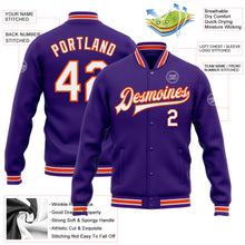 Load image into Gallery viewer, Custom Purple White-Orange Bomber Full-Snap Varsity Letterman Jacket
