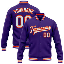 Load image into Gallery viewer, Custom Purple White-Orange Bomber Full-Snap Varsity Letterman Jacket
