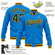 Laden Sie das Bild in den Galerie-Viewer, Custom Powder Blue Black-Gold Bomber Full-Snap Varsity Letterman Jacket
