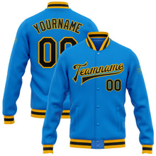 Laden Sie das Bild in den Galerie-Viewer, Custom Powder Blue Black-Gold Bomber Full-Snap Varsity Letterman Jacket
