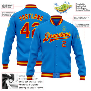 Custom Powder Blue Red-Gold Bomber Full-Snap Varsity Letterman Jacket