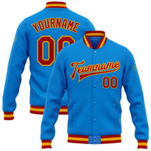 Laden Sie das Bild in den Galerie-Viewer, Custom Powder Blue Red-Gold Bomber Full-Snap Varsity Letterman Jacket
