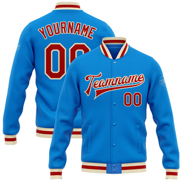 Custom Powder Blue Red-Cream Bomber Full-Snap Varsity Letterman Jacket