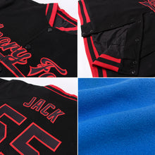 Laden Sie das Bild in den Galerie-Viewer, Custom Powder Blue Black-Red Bomber Full-Snap Varsity Letterman Jacket
