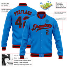 Laden Sie das Bild in den Galerie-Viewer, Custom Powder Blue Black-Red Bomber Full-Snap Varsity Letterman Jacket
