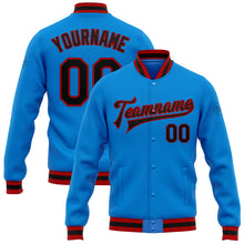 Laden Sie das Bild in den Galerie-Viewer, Custom Powder Blue Black-Red Bomber Full-Snap Varsity Letterman Jacket
