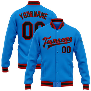 Custom Powder Blue Black-Red Bomber Full-Snap Varsity Letterman Jacket