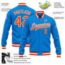 Laden Sie das Bild in den Galerie-Viewer, Custom Powder Blue Orange-White Bomber Full-Snap Varsity Letterman Jacket
