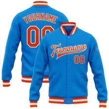 Laden Sie das Bild in den Galerie-Viewer, Custom Powder Blue Orange-White Bomber Full-Snap Varsity Letterman Jacket
