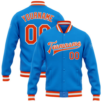 Custom Powder Blue Orange-White Bomber Full-Snap Varsity Letterman Jacket