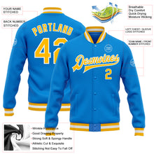 Laden Sie das Bild in den Galerie-Viewer, Custom Powder Blue Gold-White Bomber Full-Snap Varsity Letterman Jacket
