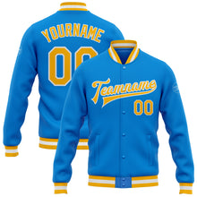 Laden Sie das Bild in den Galerie-Viewer, Custom Powder Blue Gold-White Bomber Full-Snap Varsity Letterman Jacket
