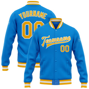 Custom Powder Blue Gold-White Bomber Full-Snap Varsity Letterman Jacket