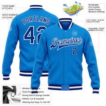 Laden Sie das Bild in den Galerie-Viewer, Custom Powder Blue Royal-White Bomber Full-Snap Varsity Letterman Jacket
