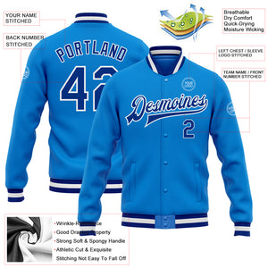 Custom Powder Blue Royal-White Bomber Full-Snap Varsity Letterman Jacket