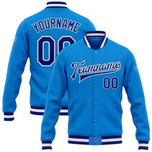 Laden Sie das Bild in den Galerie-Viewer, Custom Powder Blue Royal-White Bomber Full-Snap Varsity Letterman Jacket
