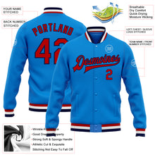 Laden Sie das Bild in den Galerie-Viewer, Custom Powder Blue Red-Navy Bomber Full-Snap Varsity Letterman Jacket
