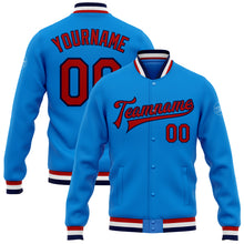 Laden Sie das Bild in den Galerie-Viewer, Custom Powder Blue Red-Navy Bomber Full-Snap Varsity Letterman Jacket
