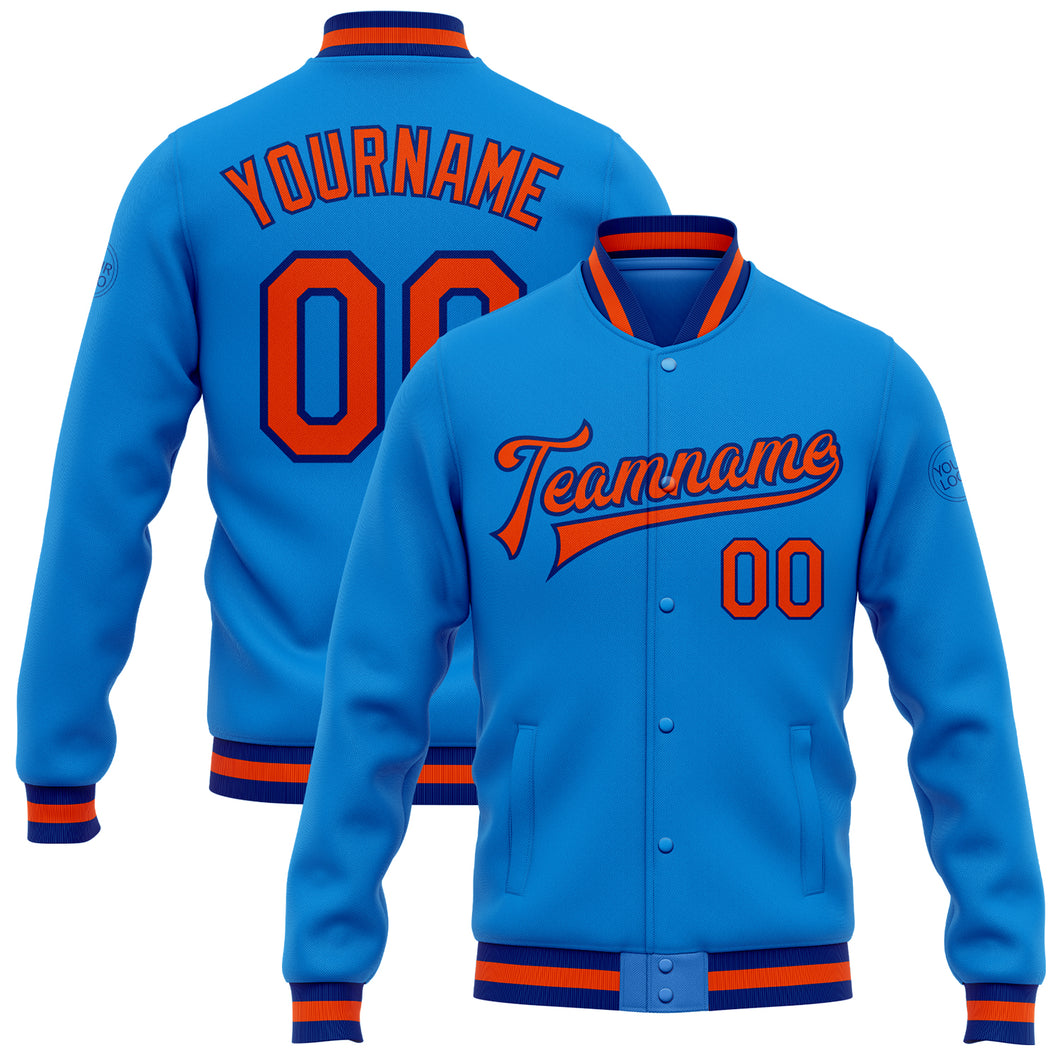 Custom Powder Blue Orange-Royal Bomber Full-Snap Varsity Letterman Jacket