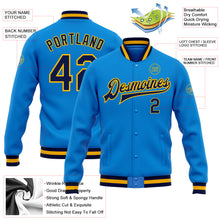 Laden Sie das Bild in den Galerie-Viewer, Custom Powder Blue Navy-Gold Bomber Full-Snap Varsity Letterman Jacket
