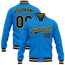 Laden Sie das Bild in den Galerie-Viewer, Custom Powder Blue Navy-Gold Bomber Full-Snap Varsity Letterman Jacket
