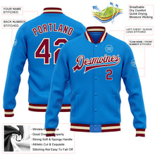 Charger l&#39;image dans la galerie, Custom Powder Blue Maroon-Cream Bomber Full-Snap Varsity Letterman Jacket
