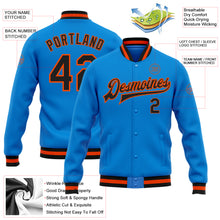 Laden Sie das Bild in den Galerie-Viewer, Custom Powder Blue Black-Orange Bomber Full-Snap Varsity Letterman Jacket
