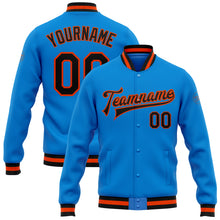 Laden Sie das Bild in den Galerie-Viewer, Custom Powder Blue Black-Orange Bomber Full-Snap Varsity Letterman Jacket
